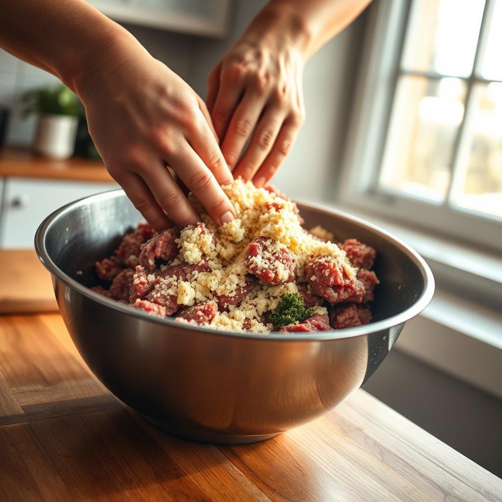 Mixing meatball ingredients Mixing meatball ingredients