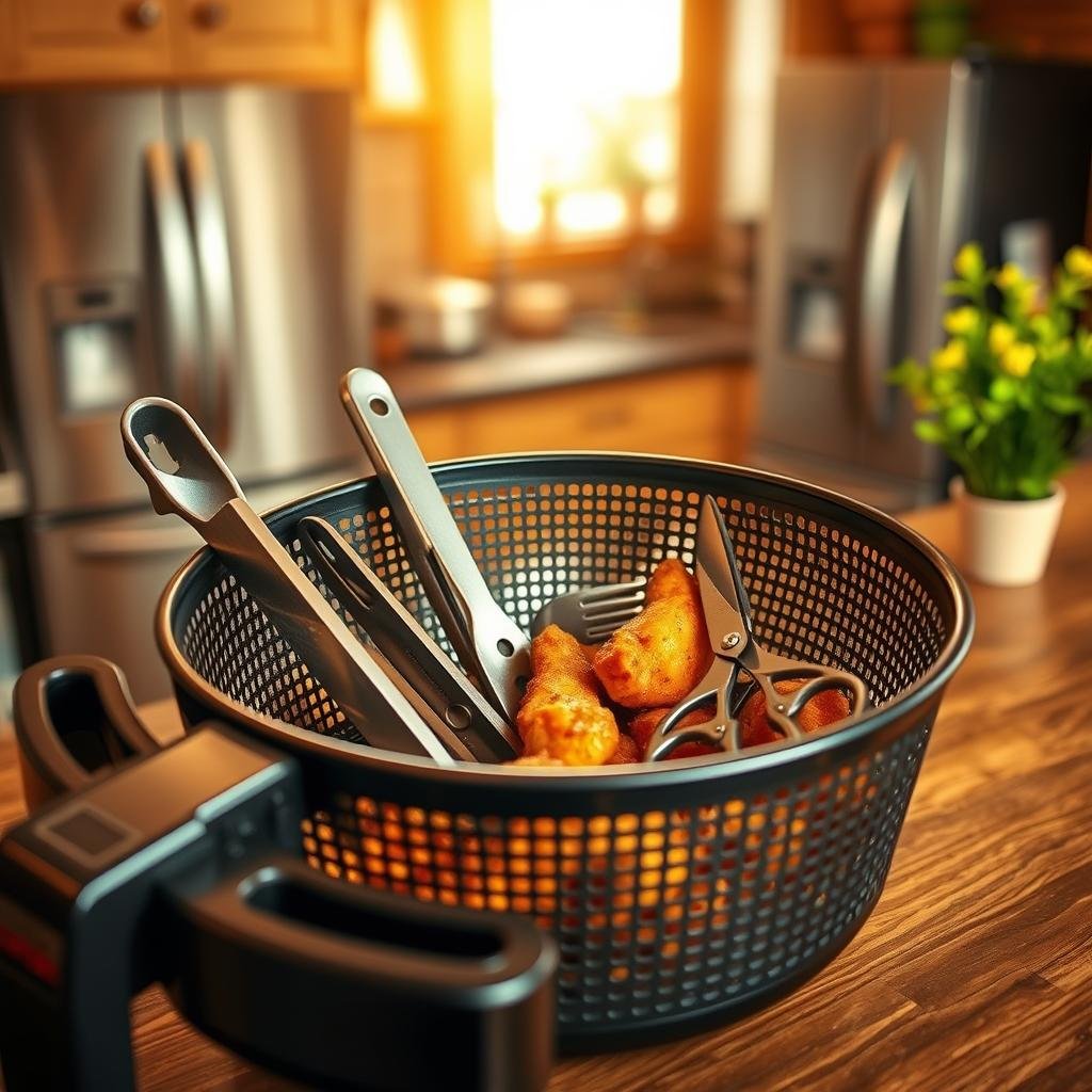 air fryer basket with kitchen tools